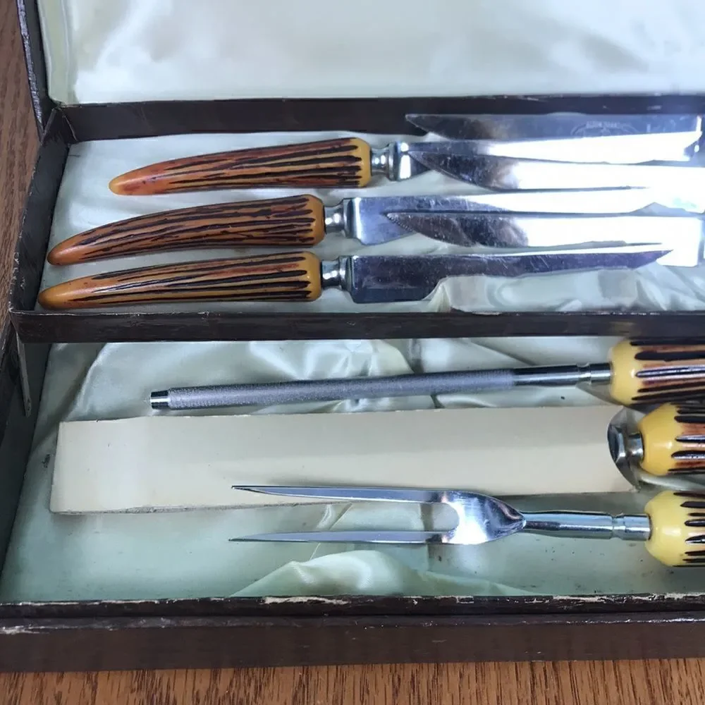 VTG SHEFFIELD Faux Antler Crown Crest 9 Piece Stainless Steel Blades+Case